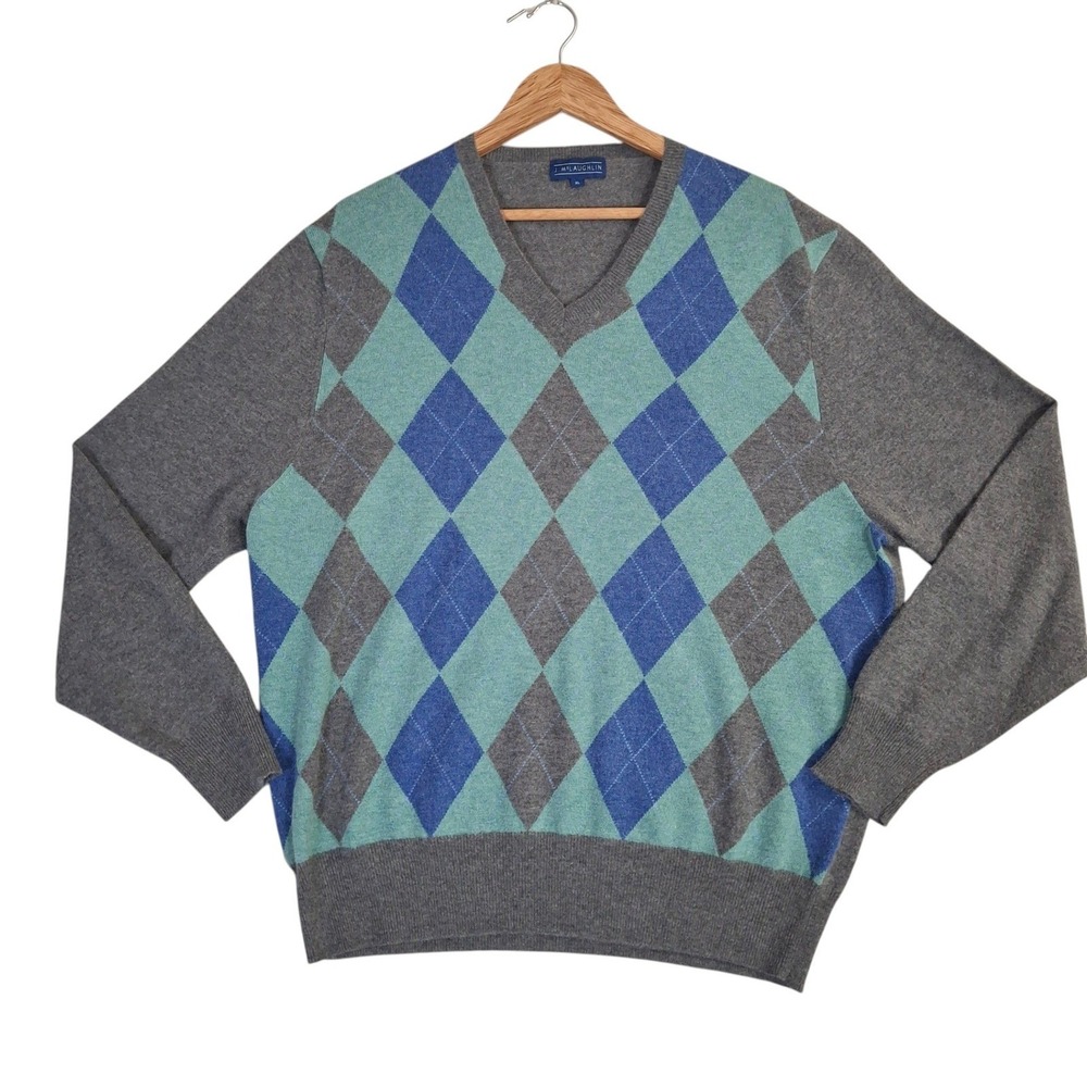 J. McLaughlin Mens XL Argyle V-Neck Sweater Gray Blue Wool Angora Blend RN 16859